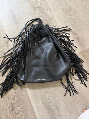 Victoria's Secret Black Fringe Drawstring Bucket Bag